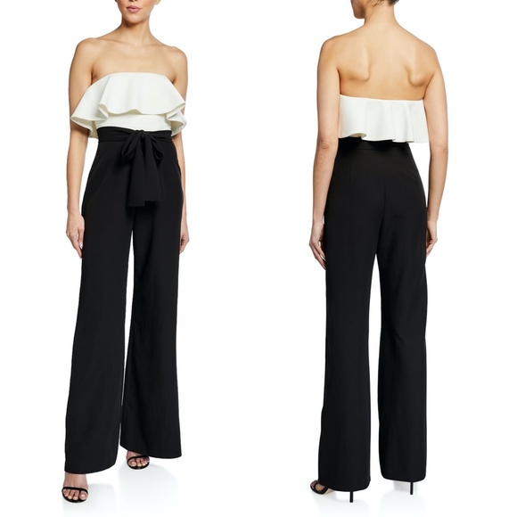 NEW LOVE BY THEIA Black & White STRAPLESS Tie Waist RUFFLE Cocktail JUMPSUIT 12 - Picture 1 of 16